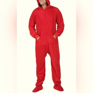 Hoodie Footed Red Plush Onesie Pajamas for Men & Women, Size Medium
